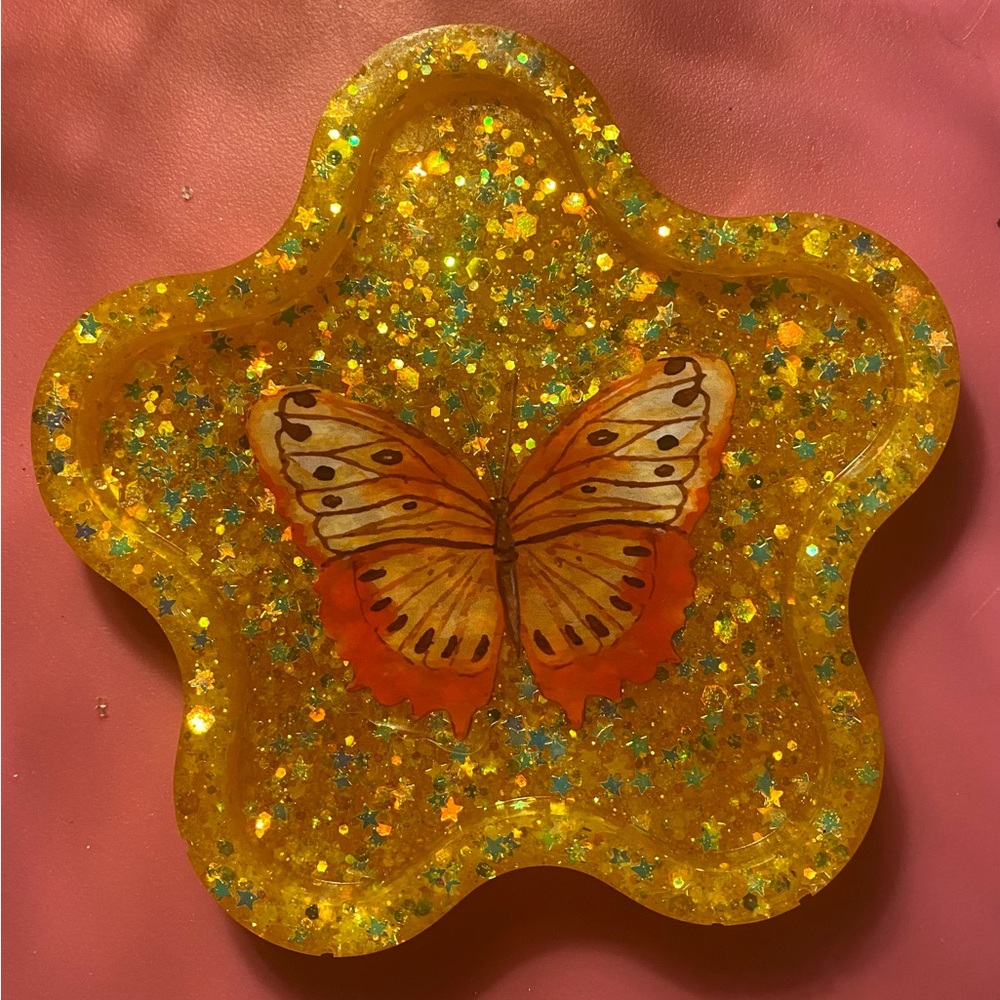 Butterfly Art Resin Coaster Tray - Yellow and Orange